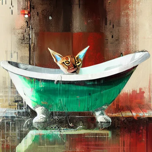 Image similar to cyberpunk cute caracal in a bathtub, by Alena Aenami, by Guy Denning