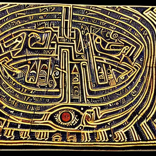 Image similar to evil egyptian heiroglyphic maze covered in mysterious hidden eye symbols, very intricate, hyper detailed