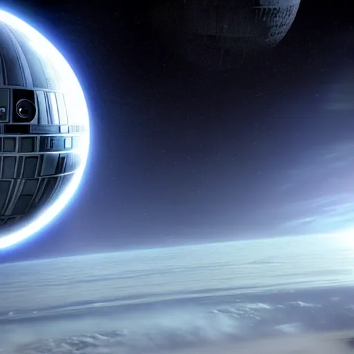 Image similar to death star inspired by star wars movies above the horizon, galaxy and stars in background, highly detailed, photorealistic shot, bright studio setting, studio lighting, crisp quality and light reflections, unreal engine 5 quality render