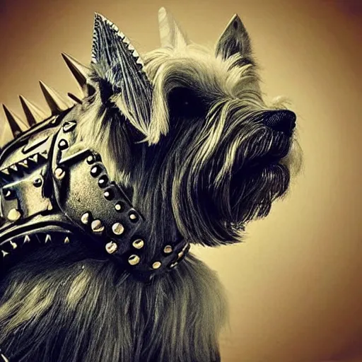 Image similar to “ west highland terrier clad in iron armor with spikes, with a gun glued to his head. ”