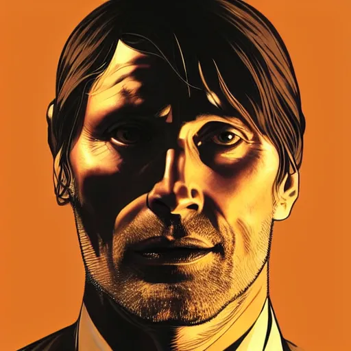 Image similar to Close-up portrait of Mads Mikkelson, Joshua Middleton artwork, dramatic backlighting, golden hour, autochrome, high contrast, highly detailed, sharp focus, digital painting, concept art, illustration, cyberpunk, solarpunk, trending on artstation, art by Phil Noto and Alex Toth, composition by alphonse mucha