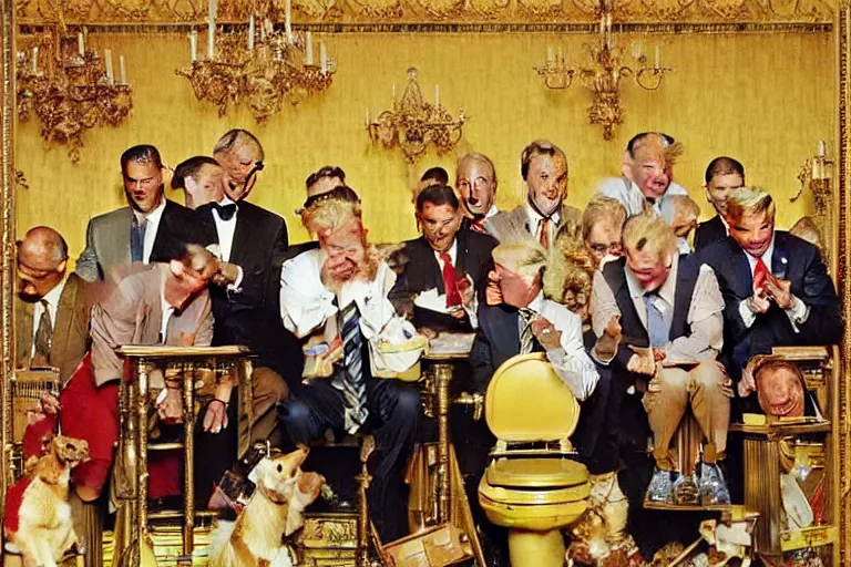 Prompt: Norman Rockwell painting of Donald Trump seated on a golden toilet in a tacky gold bathroom. He is in the center of the image, and he is sobbing and crying.