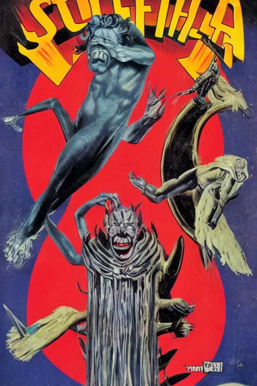 Prompt: Christopher Lloyd as Satan in retro science fiction cover by Kelly Freas (1950)