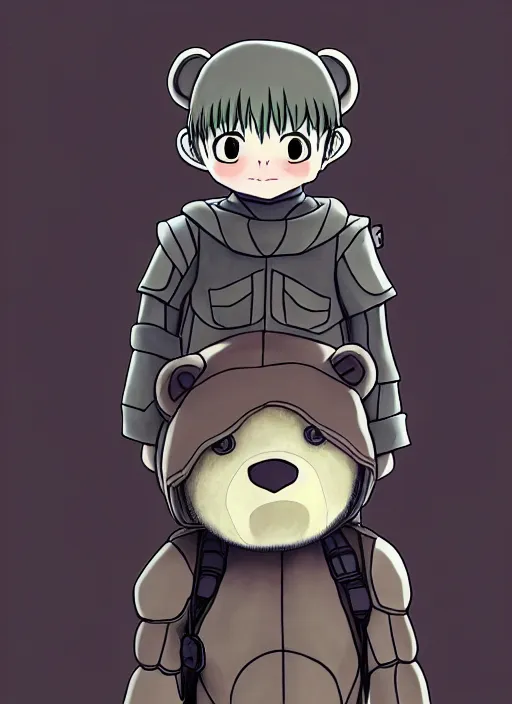 Image similar to beautiful little boy wearing an cyborg bear suit, artwork in kentaro miura and made in abyss and rosdraws, smooth, beautiful lightness, anatomically correct, trending on pixiv, forest