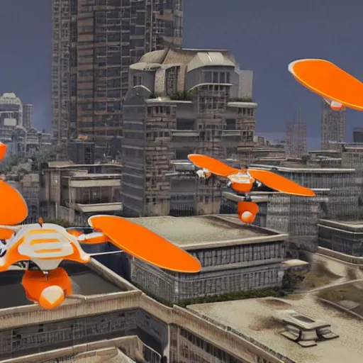 Prompt: an orange white quadcopters flies among big buildings, moon colonial station, photorealistic, 2 0 2 2