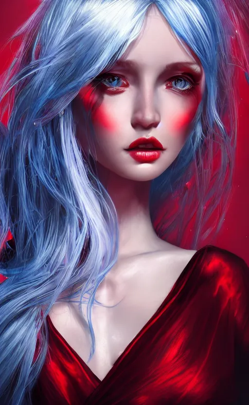 Image similar to the prettiest woman with silver blue hair, in a red and white dress portrait, dynamic lighting, fantasy concept art, trending on art station, stunning visuals, creative, cinematic, ultra detailed, ray tracing, sun rays, hyper realistic