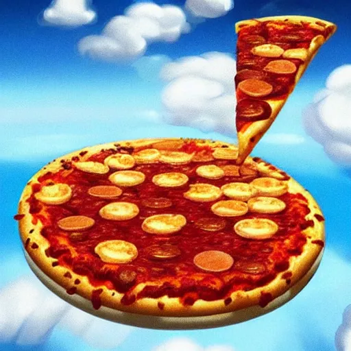 Prompt: A pepperoni pizza floating as a fribee thru the sky, high detail digital art, artstation