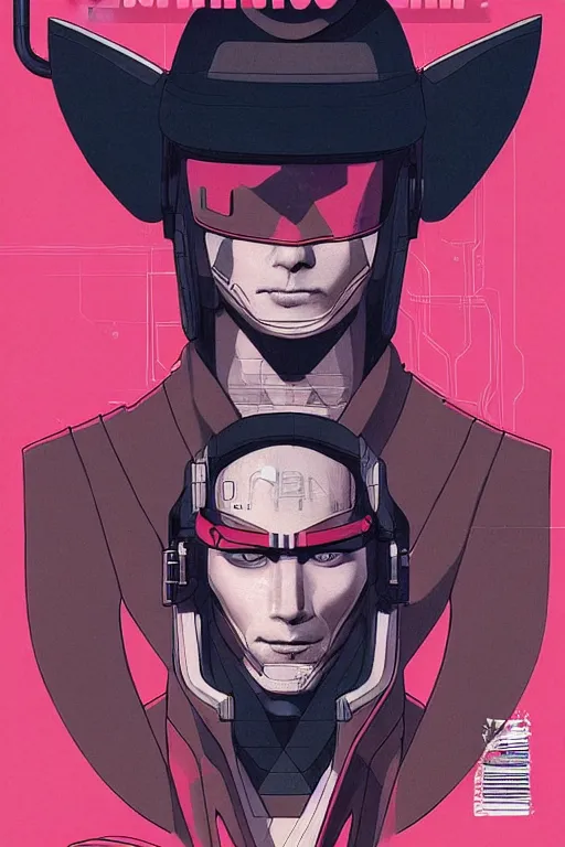 Image similar to 1 9 7 9 omni magazine cover of neo in a samurai hat. piercing gaze. simple stylized cyberpunk photo by josan gonzalez.