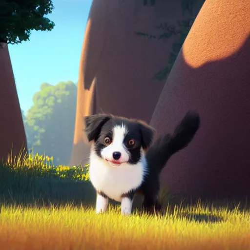 Image similar to a wholesome animation key shot of a gray black copper australian shepherd puppy, studio ghibli, pixar and disney animation, sharp, rendered in unreal engine 5, anime key art by greg rutkowski, bloom, dramatic lighting