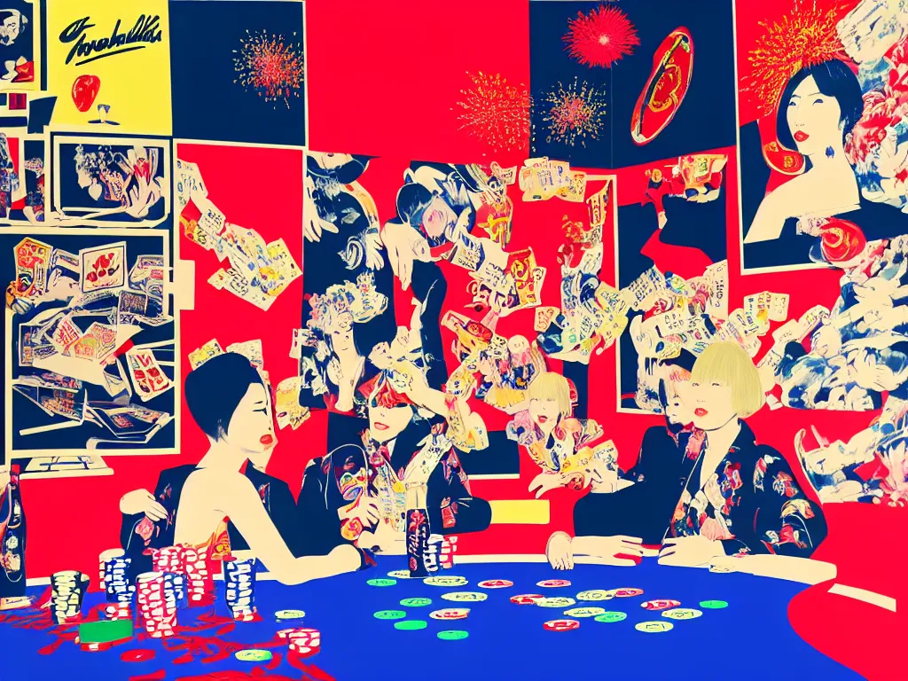 Image similar to hyper - realistic composition of a room with an extremely detailed poker table, croupier in traditional japanese kimono standing nearby fireworks in the background, pop art style, jackie tsai style, andy warhol style, acrylic on canvas