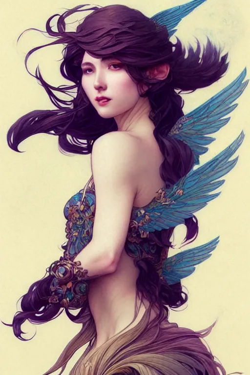 Image similar to portrait of woman with flowy hair, bird wings, confident pose, pixie, genshin impact, intricate, elegant, sharp focus, illustration, highly detailed, concept art, matte, trending on artstation, bright colors, art by wlop and artgerm and greg rutkowski, mucha, marvel comics