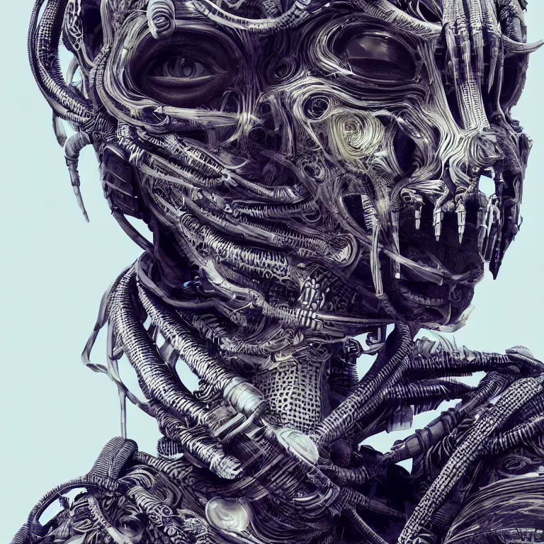 Image similar to surreal spinal ribbed tribal exotic organic face portrait of a cyberpunk fighter, beautiful detailed intricate insanely detailed 3D render digital art, octane render, 8K artistic photography, photorealistic, neon lights