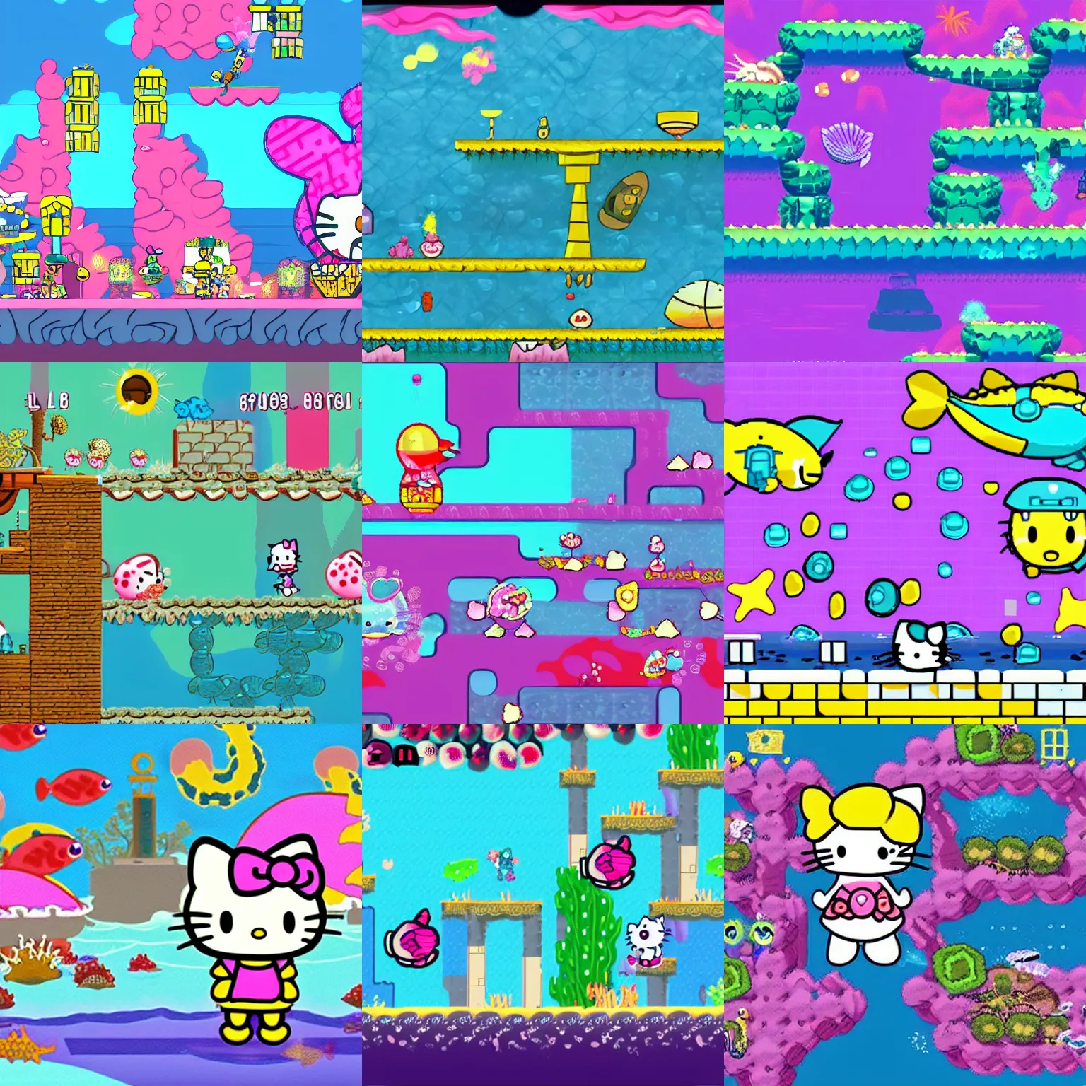 Prompt: 2d side scrolling game set in an underwater dystopia in the style of sanrios hello kitty franchise with fish and sea shells and toxic waste littered about