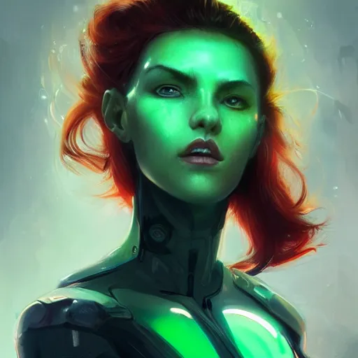 Image similar to a portrait of a beautiful cyborg girl, red hair, glowing green eyes, urban motifs, intricate, elegant, highly detailed, digital painting, trending on artstation, concept art, smooth sharp focus, illustration, art by artgerm and greg rutkowski