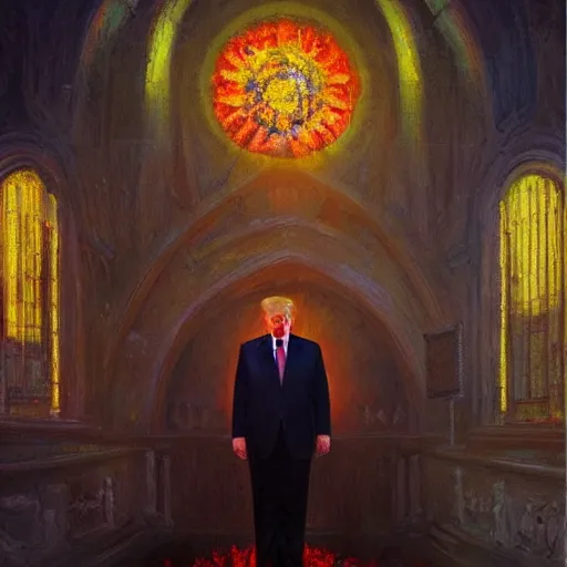 Image similar to a portrait of trump in flowers radiates holy light in the church,in the style of greg rutkowski,epic lighting,Fauvism style,Masterpieces,oil on canvas