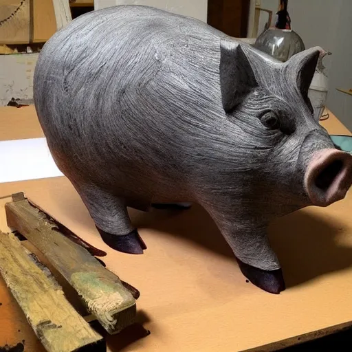 Prompt: “ a pig sculpture work in progress in an artist ’ s studio, mixed materials ”
