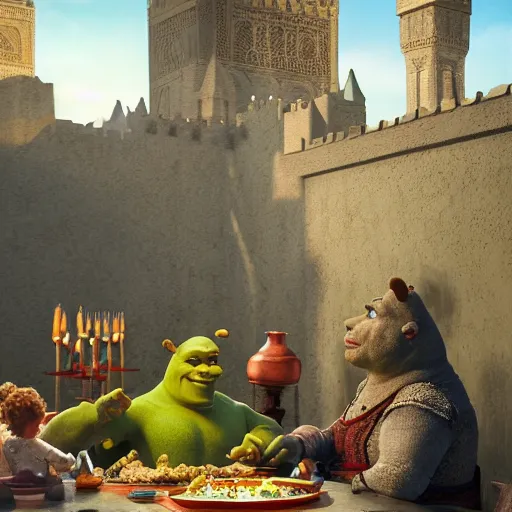 Prompt: shrek eats couscous with his family, moroccan festival, masterpiece, highly detailed, high quality, 4 k, anatomically correct, hyperrealistic, concept art, octane render, unreal engine 5, trending on artstation, trending on deviantart, matte, historical painting, fantasy style, path traced, high coherence, soft lighting, digital painting, mythical