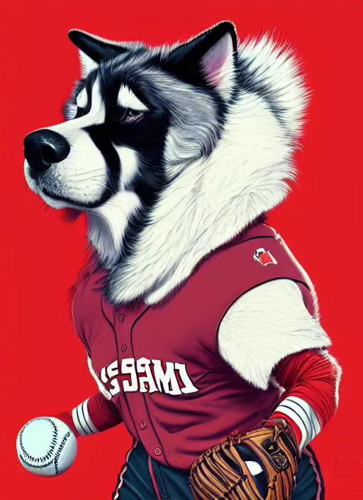 Image similar to commissioned full body portrait of a male anthro aslakan malamute with red fur playing baseball in a baseball stadium wearing a baseball uniform, by Kilian Eng, by Sandra Chevrier, trending on artstation