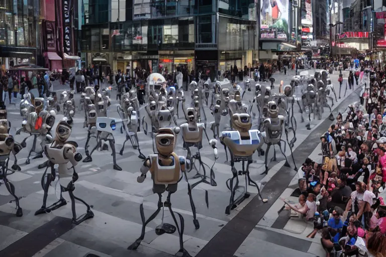 Image similar to cinematography sleek humanoid robot clones helping people in time squares by Emmanuel Lubezki