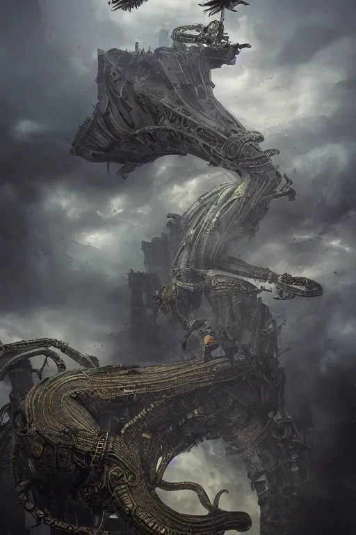 Prompt: Abstract tech action scene of a flying steampunk snake, ruins, horror, volumetric clouds, focus, detailed, realistic eyes looking at camera, symmetric body features proportions, intricate details, award winning, unreal render, by Tom Bagshaw