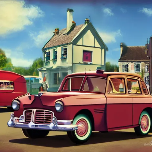 Image similar to digital matte glossy painting nostalgic 1 9 5 0 s ice cream and village britain people cars, detailed in the style of trevor mitchell