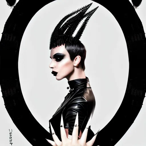 Prompt: a woman in a black leather outfit with spikes on her head, a high fashion character portrait by christen dalsgaard, featured on behance, gothic art, androgynous, genderless, gothic