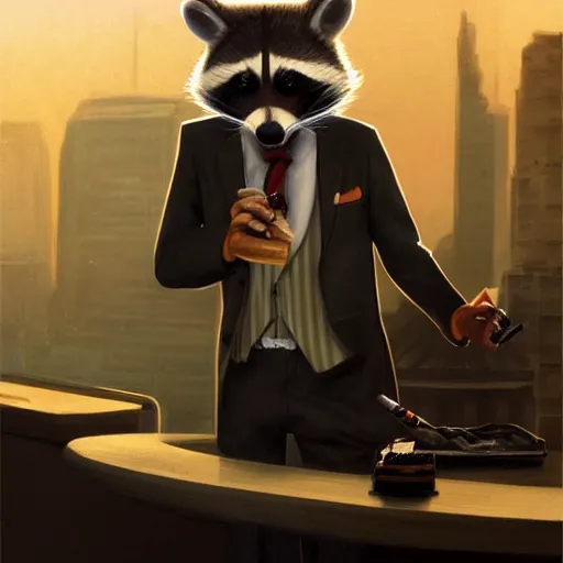 Image similar to a racoon wearing a suit smoking a cigar on his mouth, dramatic lighting, cinematic, establishing shot, extremly high detail, photorealistic, cinematic lighting, artstation, style by James Gurney