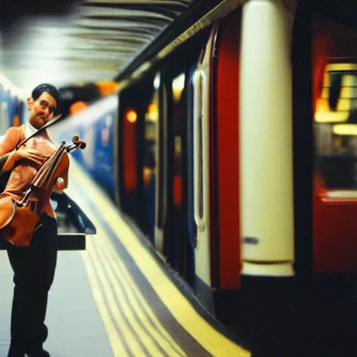 Prompt: photo, violin player, london underground, 5 0 mm f / 1. 4, cinestill 8 0 0,