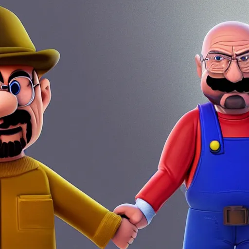 Prompt: a realistic detailed photo of walter white from the breaking bad series holding his hands up with an extremely worried look on his face, while being held at gunpoint by super mario with a beretta handgun, in front of the White House, during the day