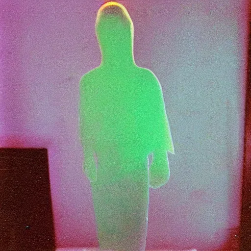 Prompt: coloured atmospheric polaroid 1 9 9 8 photo of a realistic wraith translucent transparent figure in a interior of living room low light