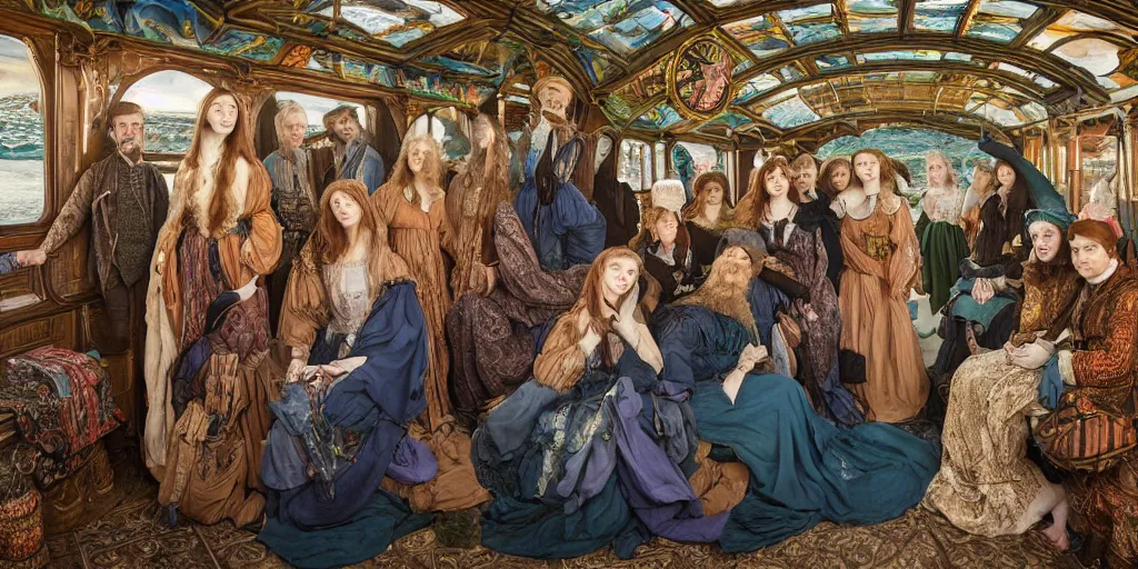 Image similar to incredibly beautiful breathtakingly detailed colour preraphaelite photograph group portrait of a amazingly cool odd characterful people sat down, in the inside of the beautiful underwater train to atlantis, every face amazingly detailed lifelike expressions, full of crowd of people sat down wearing unusual clothes, ultra wide angle, 4 k