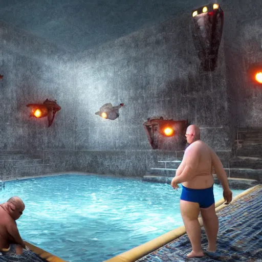 Image similar to photo, ugly old fat man and his strong handsome 5 3 8 2 8 friend hunting monsters inside a swimming pool, highly detailed, scary, volumetric lighting