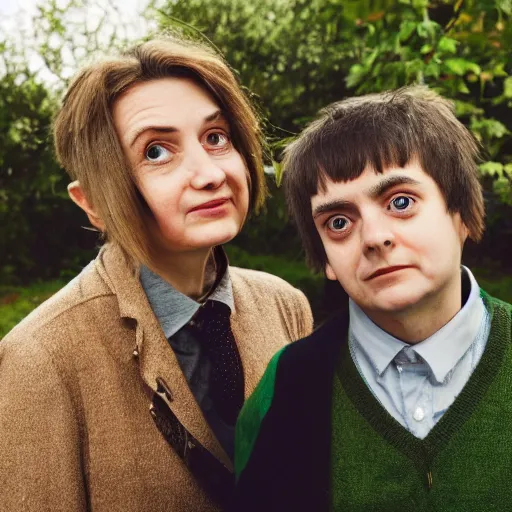 Image similar to A portrait mr bean elizabeth teams up with a teenage mr bean, perfect faces, 50 mm, award winning photography