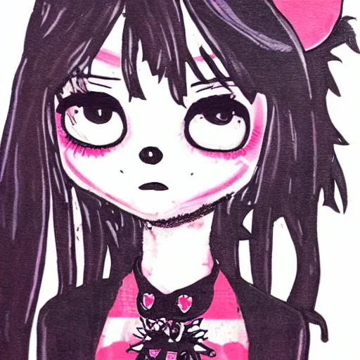 Prompt: punk little girl, profile picture, grunge fashion, reflection, cute artwork, hello kitty art style, gothic style, 8 k