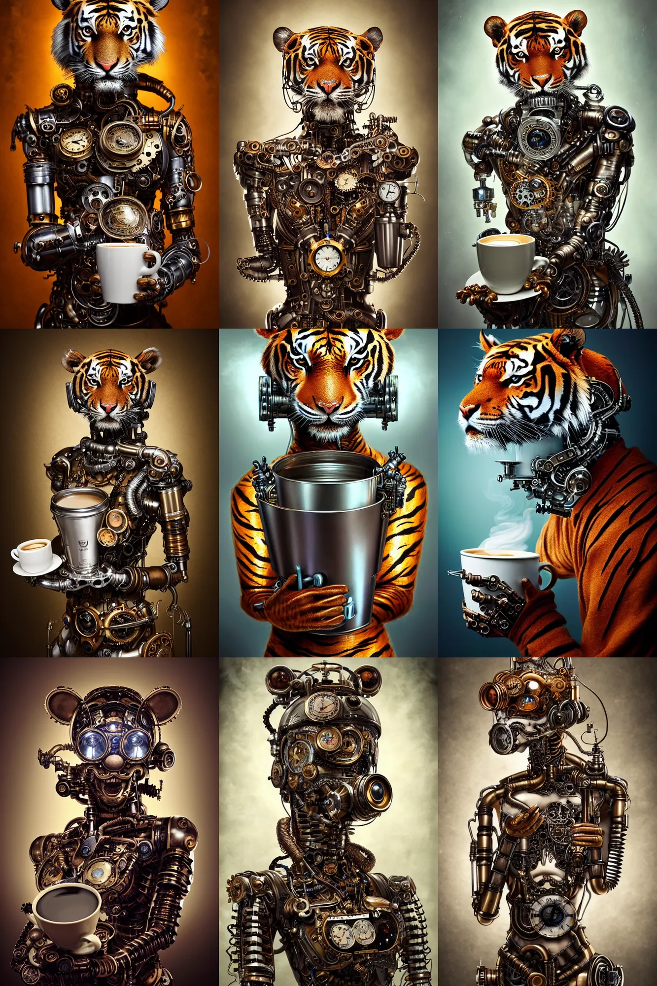 Prompt: a stunning intricate fine art portrait photo of a mechanical industrial steampunk cybernetic tiger with a cup of coffee, by tom bagshaw and zach sutton, perfection!, milk bath photography, studio lighting, 3 5 mm lens, very detailed, bionic, cybernetic scifi, deep depth of field, artstation, 8 k, highly coherent