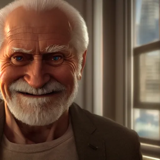 Image similar to hide the pain harold ; cinematic screenshot ; crisp sharp focus ; ultra realistic, concept art, intricate details, cool forced smile at office with cup in hand, highly detailed, photorealistic, octane render, 8 k, unreal engine. art by artgerm and greg rutkowski and charlie bowater and magali villeneuve and alphonse mucha