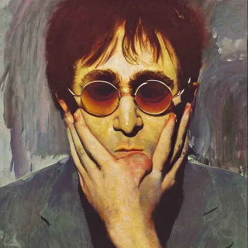 Image similar to an oil painting of elton john lennon crying by cy twombly