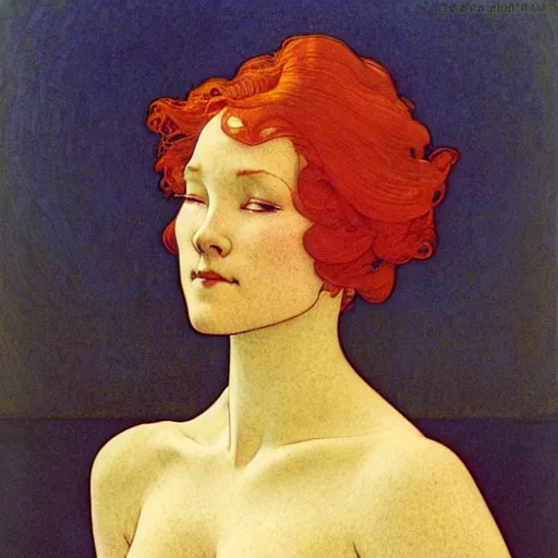 Prompt: redhead woman with arms and hands elegantly at sides, fine lines, clean lines, drawn by maxfield parrish, audrey kawasaki, james jean, victo ngai, alphonse mucha, henri gillet, william morris, john henry dearle, odilon redon, gaston bussiere, felicien rops, eugene grasset, janis rozentals