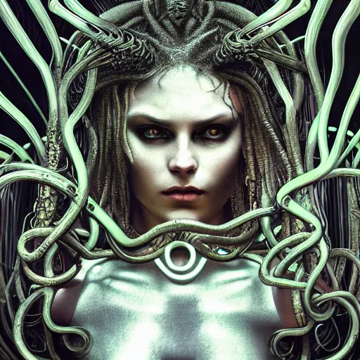 Image similar to Cyberpunk medusa, dark atmosphere, cinematic shot, intricate, ornate, photorealistic, ultra detailed, realistic, 35mm, photography, neon, octane, high definition, depth of field, bokeh, 8k, artstation, (alphonse mucha), hr giger