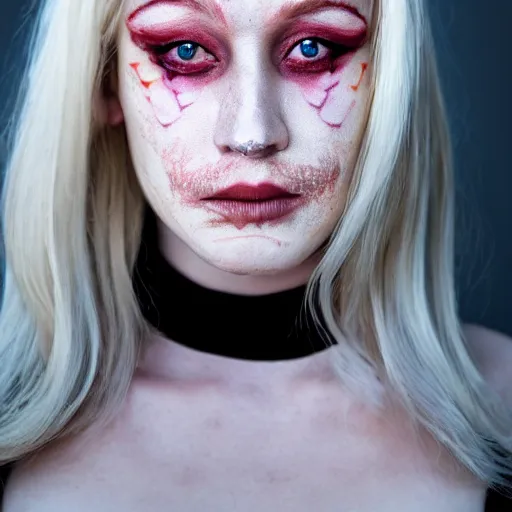 Prompt: portrait of an albino in front of a white background, blonde hair and eyebrows, face tattoo, cinematic lightin