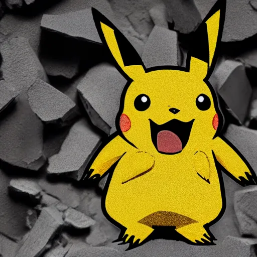 Image similar to The face of Pikachu appearing in shards of broken pottery, 8K resolution photo