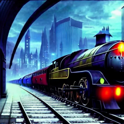 Image similar to :: Train to Hogwarts :: cyberpunk style :: Makoto Shinkai cyberpunk style :: Cinematography by Zack Snyder ::8k resolution :: cinematic shot :: epic :: awe :: masterpiece