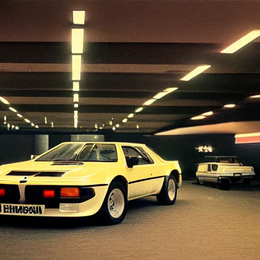 Image similar to 1979 HUMMER BMW M1, inside of an auto dealership, ektachrome photograph, volumetric lighting, f8 aperture, cinematic Eastman 5384 film