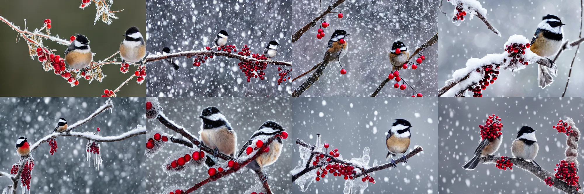 Prompt: a macro photograph of a pair of chickadees, sitting on the branch of a mountain ash tree, with red berries and icicles, in the winter, snowing, gray sky with wispy clouds