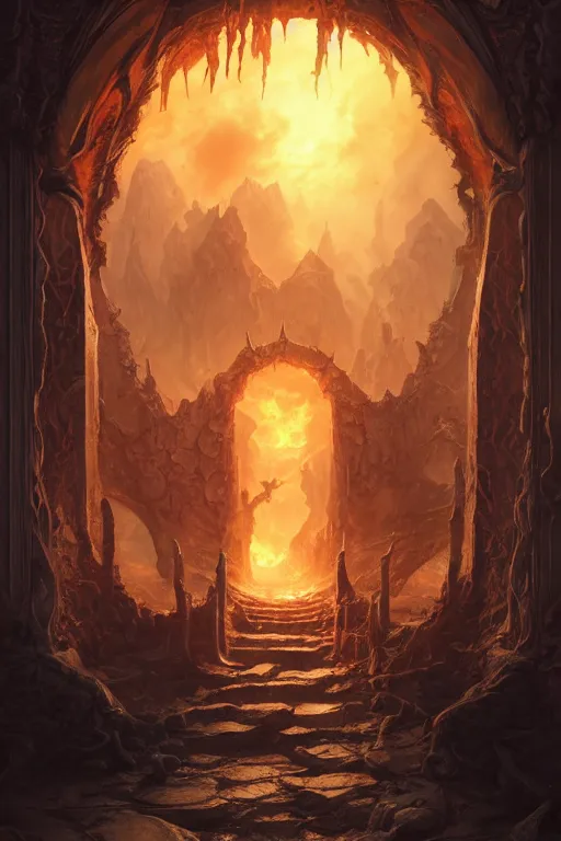 Image similar to gate to hell, highly detailed, d & d, fantasy, highly detailed, digital painting, trending on artstation, concept art, sharp focus, illustration, global illumination, ray tracing, realistic shaded, art by artgerm and greg rutkowski and fuji choko and viktoria gavrilenko and hoang lap, sunny