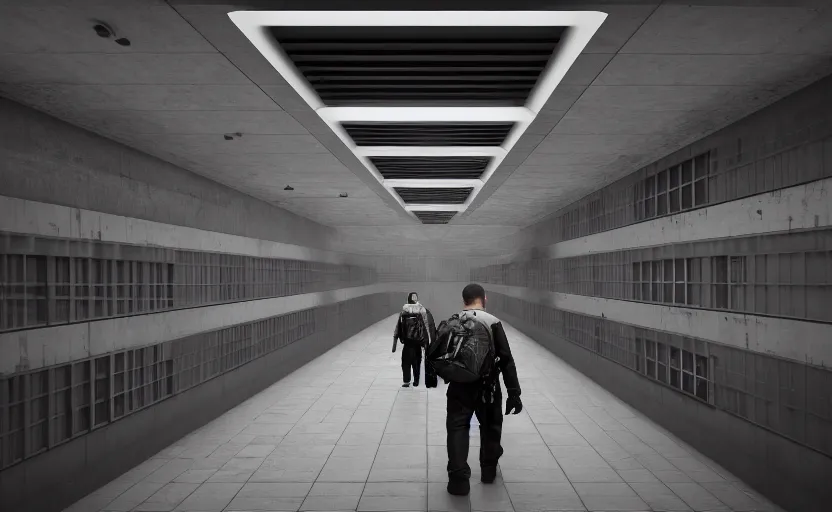 Image similar to Black brutalist quadcopters swarm the wide hallways in a futuristic prison underground with brutalist architecture, staff can be seen carrying black duffel bags, sigma 85mm f/1.4, 4k, unreal engine, concept art, trending on artstation, depth of field, high resolution, 4k, 8k, hd, full color