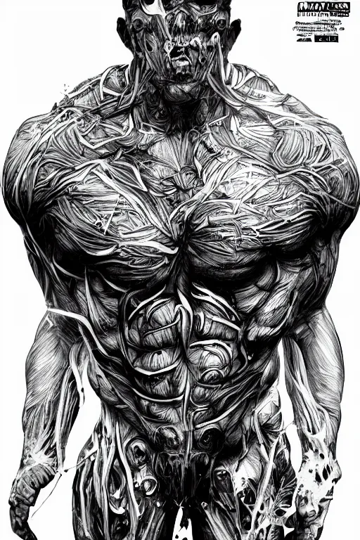Image similar to black and white illustration, creative design, body horror, muscle monster