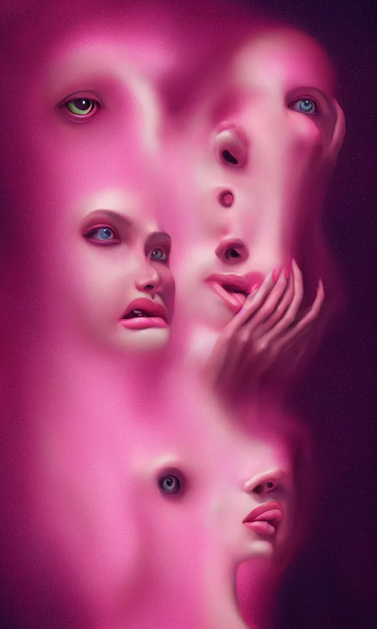 Image similar to young beautiful woman screaming in etheric hypothalamus of her mind, in a pink color palette of cosmic spring, symmetry, symmetrical face, intricate, beautiful illustration, retro futuristic, cinematic colors, style of edward robert hughes + zdzislaw beksinski, octane render, detailed, detail, waist up shot