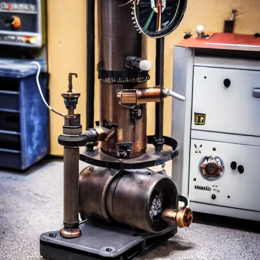 Image similar to A random pointless contraption ((((steampunk)))) industrial appliance pneumatic machine with no apparent purpose, being operated by a scholarly looking man with a clear directed gaze, XF IQ4, f/1.4, ISO 200, 1/160s, 8K, RAW, unedited, symmetrical balance, in-frame