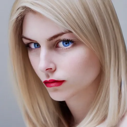 Prompt: young adult white woman with straight blonde medium length shag hair, top - heavy lips, pale skin tone, petite grecian stub nose, and small protruding wide set eyes